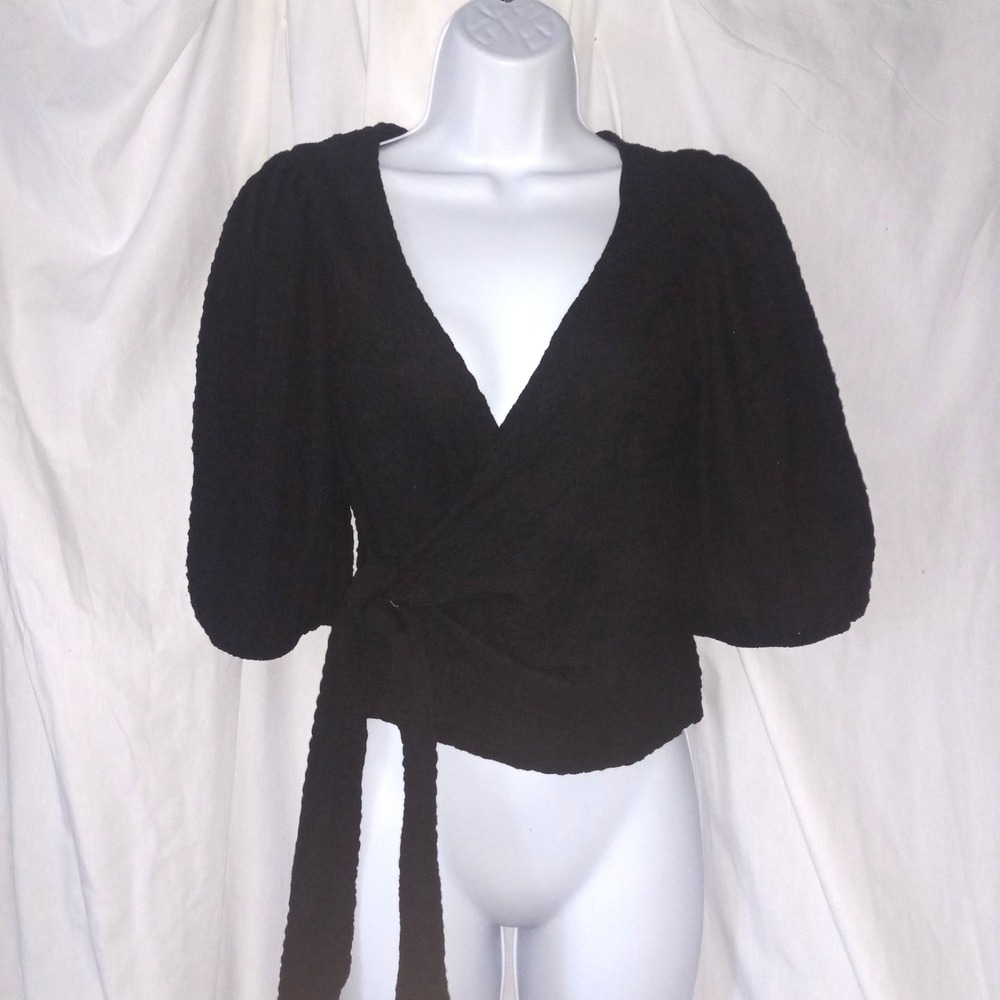 Mi Ami Francesca's‎ Claudia Black Textured Wrap 3/4 Sleeve Top Women's Size S